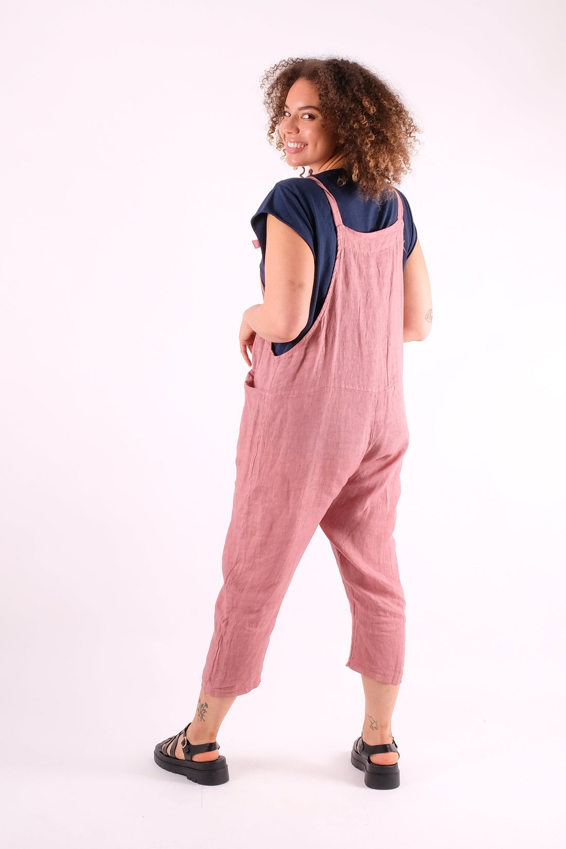Tania - Linen Bow Tie Dungarees - Pinstripe