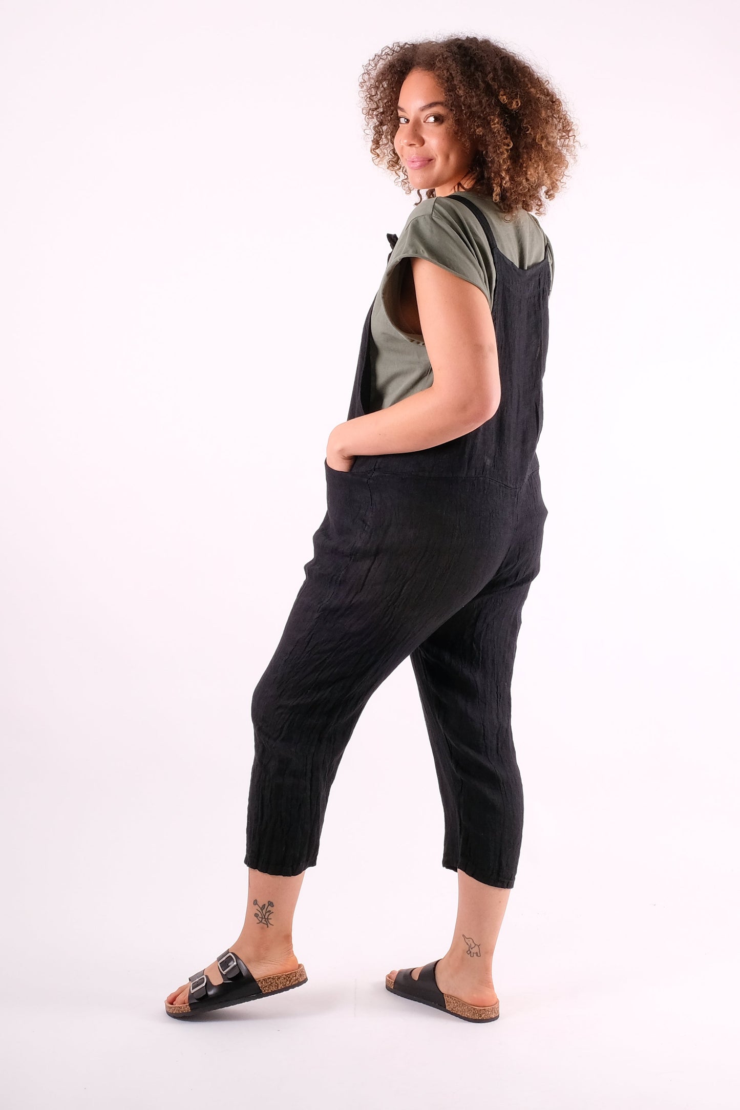 Tania Linen Bow Tie Dungarees Pinstripe