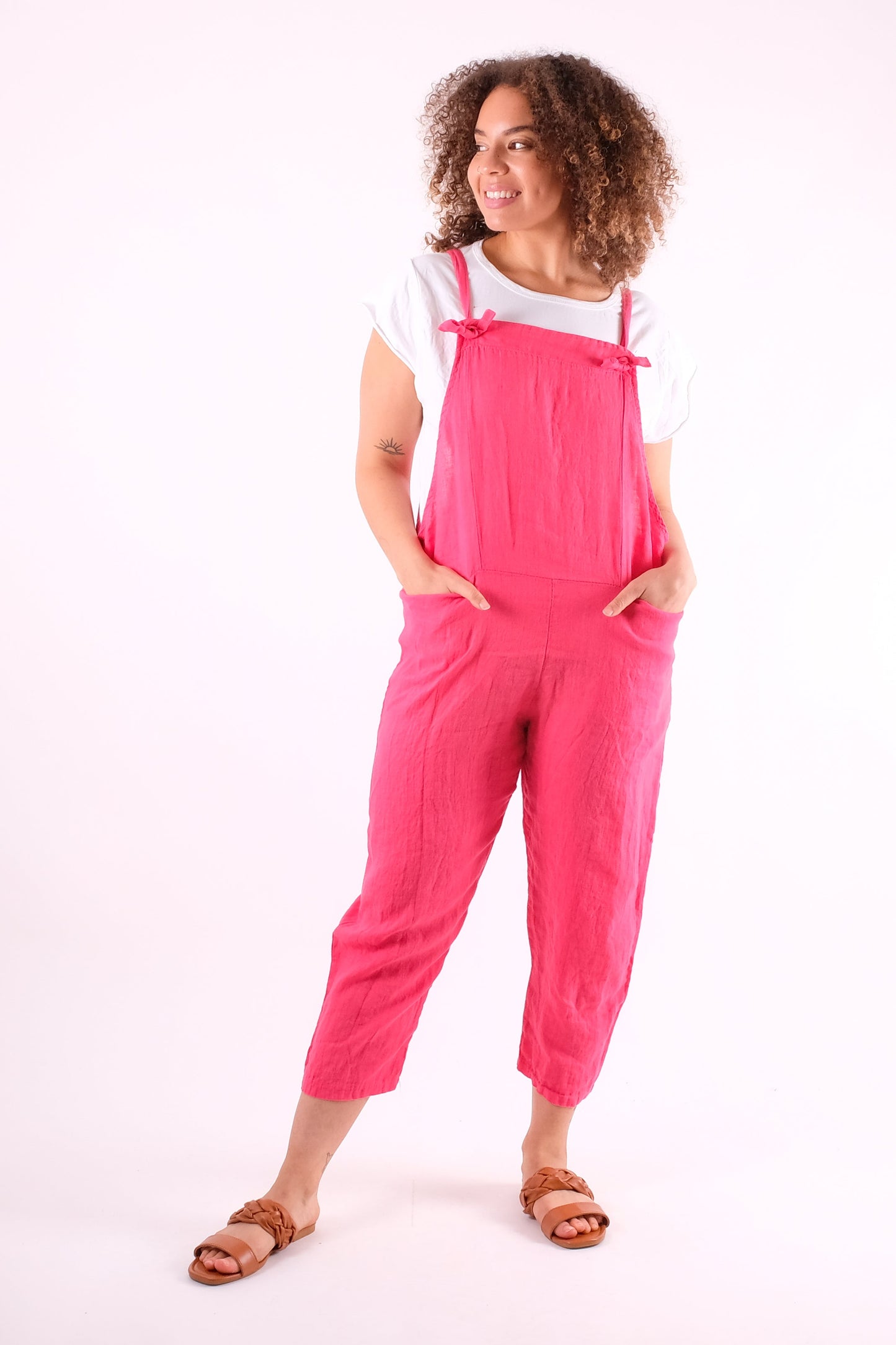 Tania Linen Bow Tie Dungarees Pinstripe