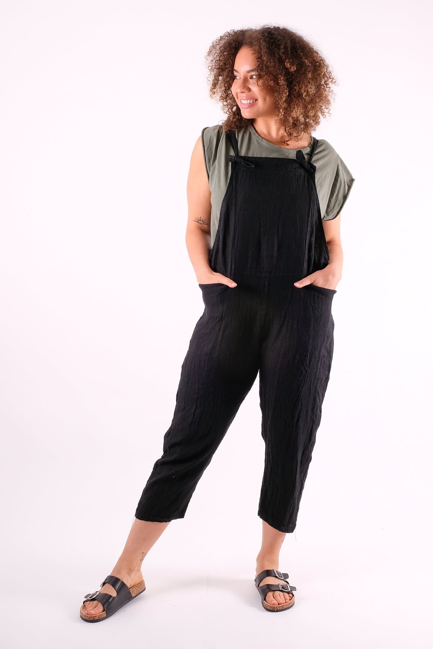 Tania Linen Bow Tie Dungarees Pinstripe